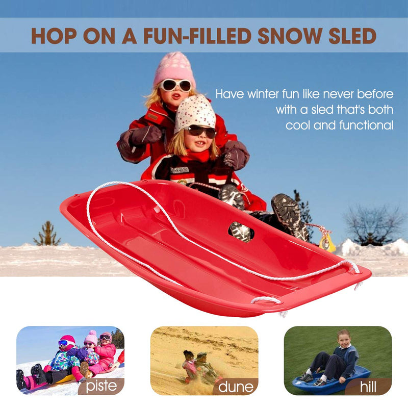 DIKI 35 Inch Toboggan Snow Sleds for Kids and Adult, Downhill Sprinter Heavy Duty Toboggan Sled with 2 Handles and 2or4 Pull Ropes, Ultimate Snow Toys for Kids Red&Blue
