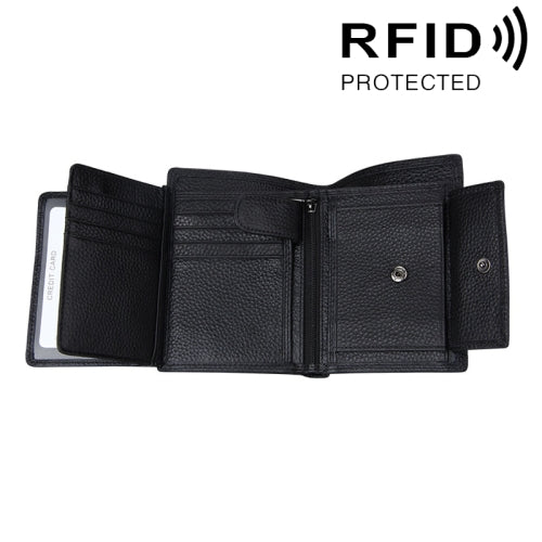 Genuine Cowhide Leather 3-folding Card Holder Wallet RFID Blocking Card Bag Protect Case for Men, Size: 13*10.2*2.5cm(Black)