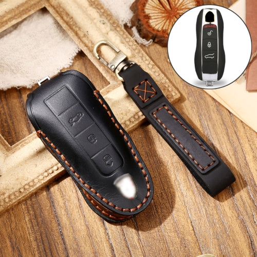 Hallmo Car Cowhide Leather Key Protective Cover Key Case for Porsche Macan 718 2021 A Style (Black)