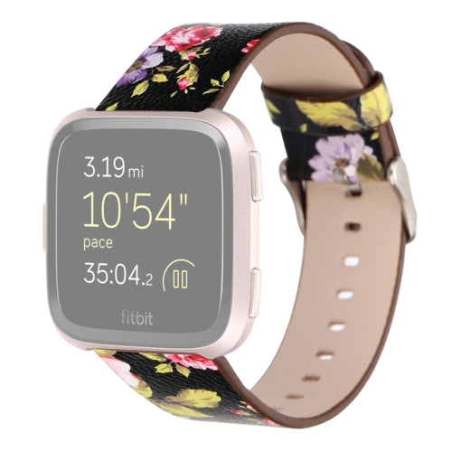 For Fitbit Versa 1 / 2 Flower Pattern Replacement Wrist Strap Watchband(Black Pink)