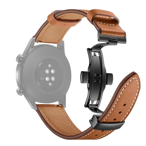 22mm Universal Butterfly Buckle Leather Replacement Strap Watchband, Style:Black Buckle(Brown)