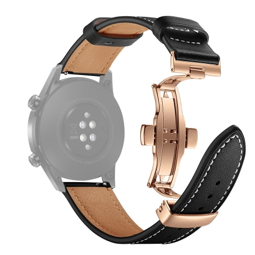 22mm Universal Butterfly Buckle Leather Replacement Strap Watchband, Style:Rose Gold Buckle(Black)