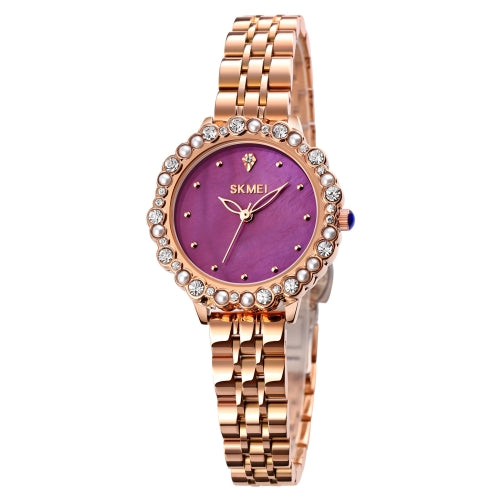 SKMEI 1799 Pearl Diamond Round Dial Stainless Steel Strap Quartz Watch for Ladies(Rose Gold and Purple Surface)