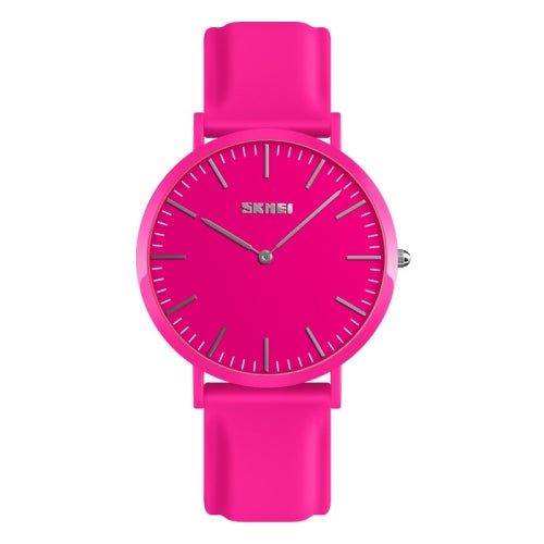 SKMEI 1979 Pure Color Bar Scale Round Dial Silicone Strap Couple Quartz Watch(Rose Red Female)