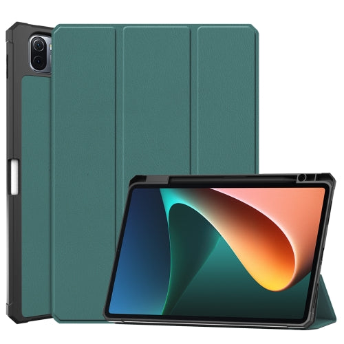 For Xiaomi Pad 5 Custer Pattern Pure Color TPU Smart Tablet Holster with Sleep Function & 3-Fold Holder & Pen Slot(Dark Green)