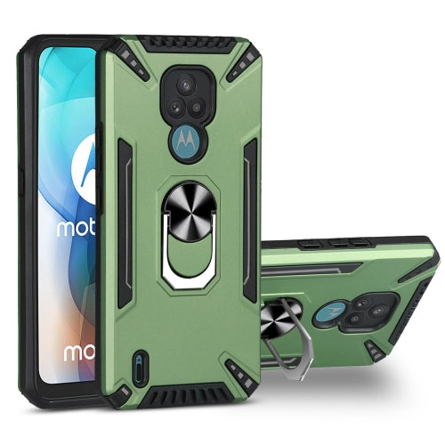 For Motorola Moto E7 PC + TPU Protective Case with 360 Degrees Rotatable Ring Holder(Dark Green)