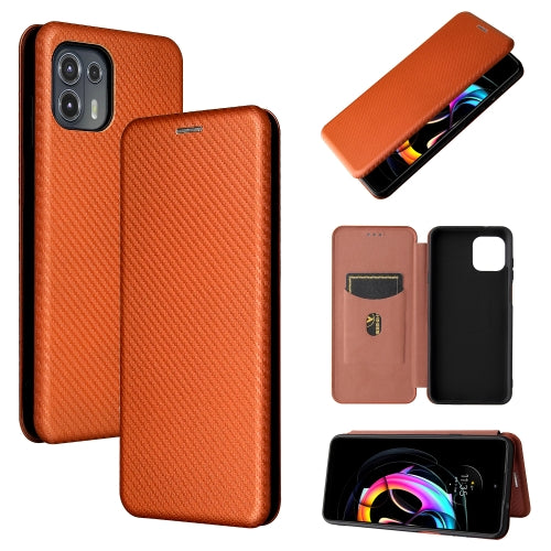 Carbon Fiber Texture Magnetic Horizontal Flip TPU + PC + PU Leather Case with Card Slot For Motorola Edge 20 Lite(Brown)