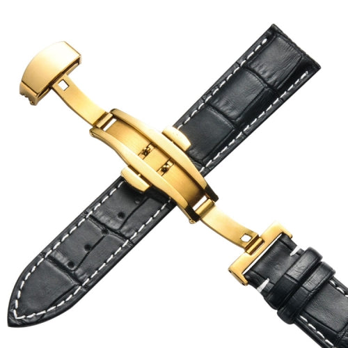 16mm Classic Cowhide Leather Gold Butterfly Buckle Replacement Strap Watchband(Black White Lines)