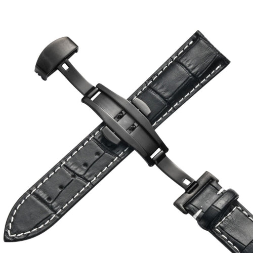 16mm Classic Cowhide Leather Black Butterfly Buckle Replacement Strap Watchband(Black White Lines)