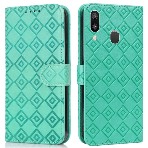 For Samsung Galaxy A40 Embossed Big Small Concentric Squares Pattern Horizontal Flip Leather Case with Card Slot & Holder & Wallet(Green)