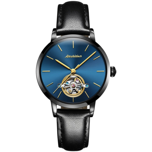 JIN SHI DUN 8812 Women Simple Hollowed Waterproof Automatic Mechanical Watch(Black Leather Strip Blue)