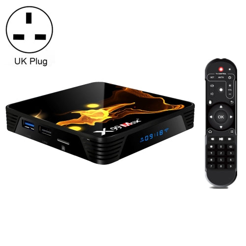 X99 Max+ 8K Smart TV Box, Android 9.0, Amlogic S905X3 Quad-Core Cortex-A55,4GB+32GB, Support LAN, HDMI, 2.4G/5G WiFi, USBx2,TF Card, UK Plug