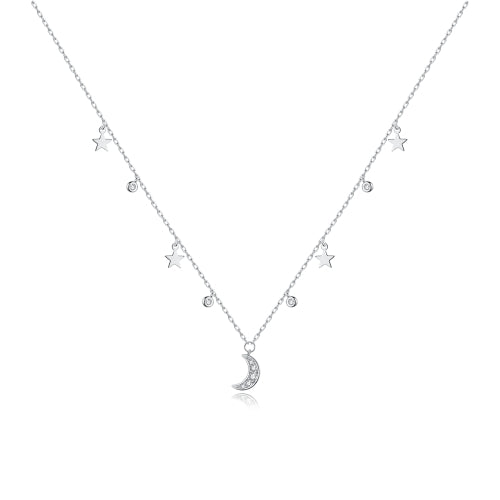 S925 Sterling Silver Dream Star Moon Zircon Women Nacklace Jewelry