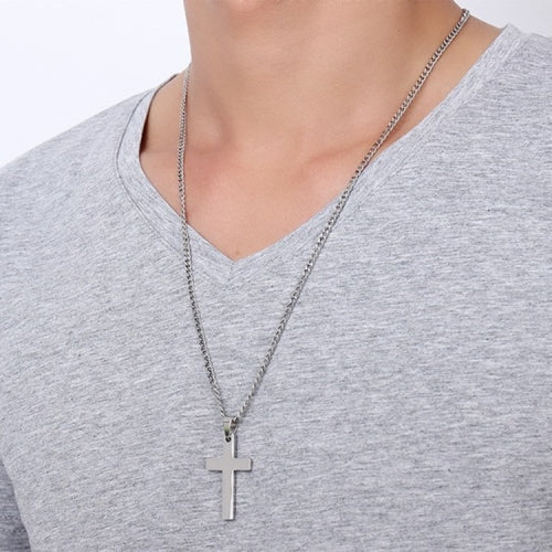 Europe and America Style Fashion Men Jewelry High Polished Stainless Steel + Plating Simple Cross Necklace with Chain (Steel Color)