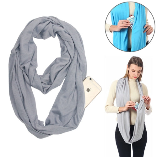 Women Solid Winter Infinity Scarf Pocket Loop Zipper Pocket Scarves (Grey)