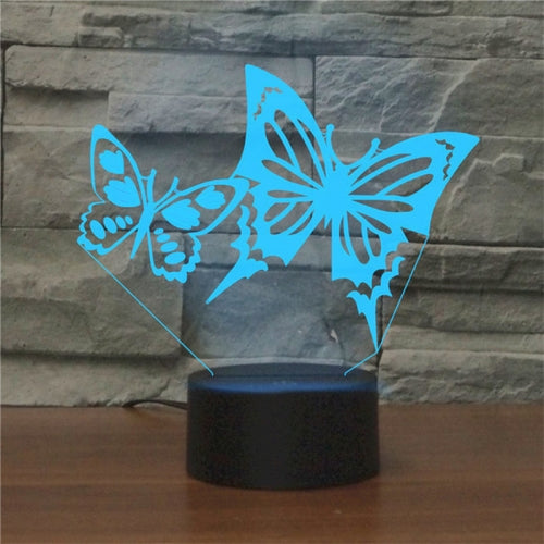 Two Butterflies Shape 3D Colorful LED Vision Light Table Lamp, USB Touch Version