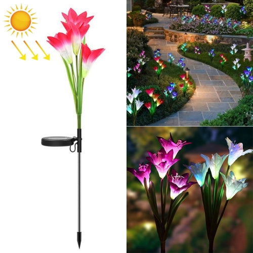 Simulated Lily Flower 4 Heads Solar Powered Outdoor IP55 Waterproof LED Decorative Lawn Lamp, White Light (Pink)