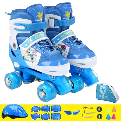 Adjustable Full Flash Children Double Row Four-wheel Roller Skates Skating Shoes Set, Size : S(Blue)