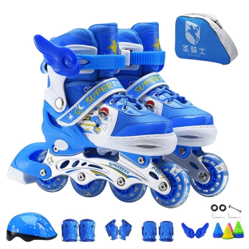 Adjustable Full Flash Children Single Row Four-wheel Roller Skates Skating Shoes Luxury Set, Size : L(Blue)