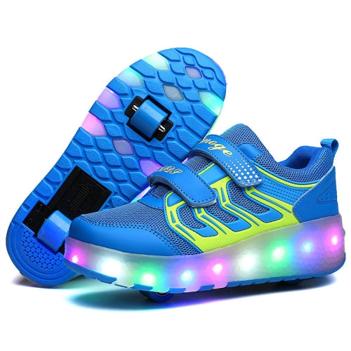 WS01 LED Light Ultra Light Mesh Surface Rechargeable Double Wheel Roller Skating Shoes Sport Shoes, Size : 33(Blue)