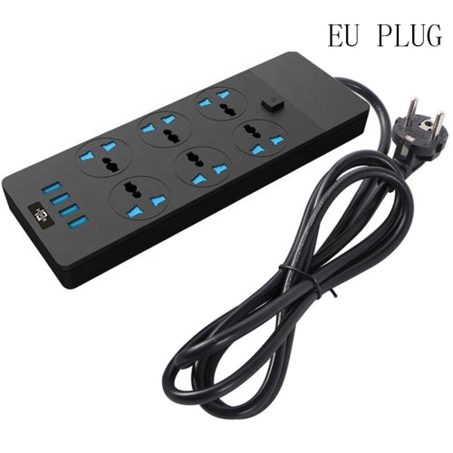 T12 Multi-functional Intelligent Plug-in 6-Hole Universal Jack + 4-Port USB Home Porous Socket 2 Meter Wire Length EU PLUG