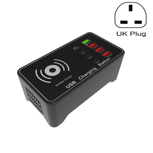 A7 High-power 100W 4 x PD 20W + QC3.0 USB Charger +15W Qi Wireless Charger Multi-port Smart Charger Station, Plug Size:UK Plug