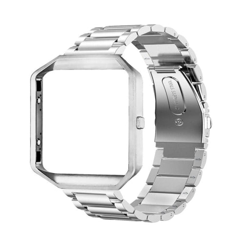 Suitable For Fitbit Blaze Smart Sports Watch Stainless Steel Metal Strap Metal Frame Butterfly Buckle Three Beads Strap(Silver)