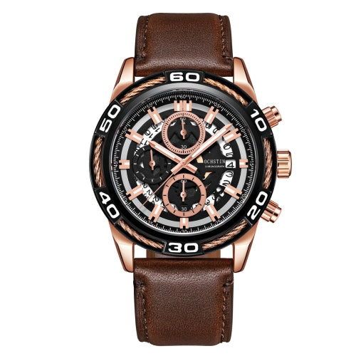 OCHSTIN 6114A Men Business Openwork Dial Multi Function Timekeeping Calendar Quartz Wristwatch Leather Watch(Coffee)