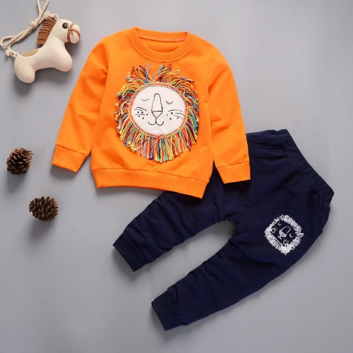 2 in 1 Spring Cartoon Lion Pattern Long Sleeve Pullover Top + Pants Children Clothes Sports Set, Height:80cm(Lion Orange)