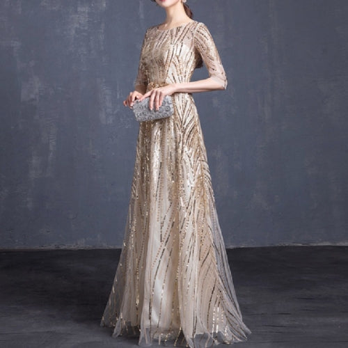 Spring and Summer Half Sleeved Long Slim Sequins Hosted Banquet Dress, Size:XXL(Champagne)