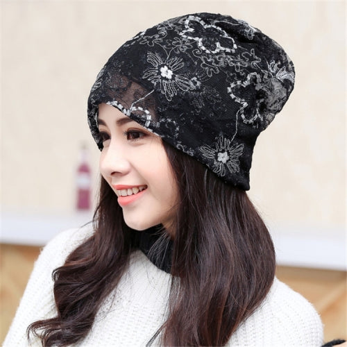 Dual-use Double-layer Lace Wrap Cap Stacking Cap(White Flowers On Black)