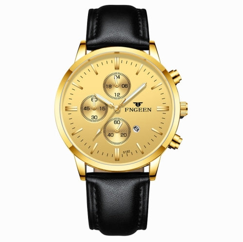 FNGEEN W5128 Men Three Eyes Subdial Luminous Quartz Watch Student Simple Watch(Black Leather Gold Shell Gold Surface)