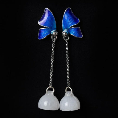 925 Sterling Silver White Jade Lotus Earrings Elegant Butterfly Earrings Enamel Process Fine Jewelry