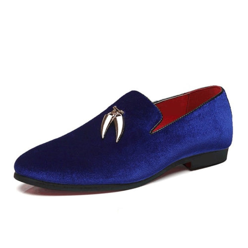 Casual Sickle Suede Men Shoes Flat Slip-on Pointed Toe Dress Shoes Loafer, Size:38(Blue)