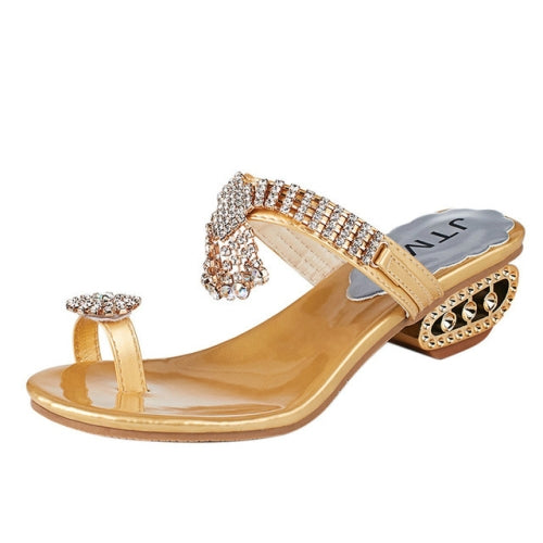 Open Toe Chunky Heel Sandals Crystal Rhinestones Beach Flip, Shoe Size:36(Gold)