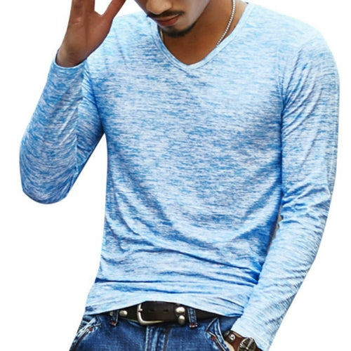 Slim Streetwear V-neck T Shirt Casual Fitness Tops Long Sleeve Pullover Shirt for Men, Size:XL (Blue)