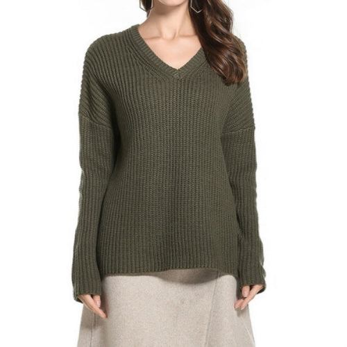 Women Pullover V-neck Long-sleeved Knitted Sweater, Size: XL(Army Green)