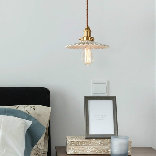 Simple Retro Brass Glass Pleated Single Head Chandelier with 5W Warm Light LED(White Ceramic)