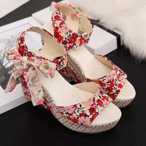 Thick Bottom Wedge Fish Mouth Flower Sandals, Size:37(Red)