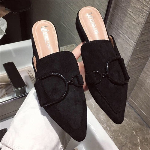 Metal Buckled Suede Pointed Slipper, Shoe Size:36(Black)