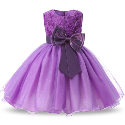 Purple Girls Sleeveless Rose Flower Pattern Bow-knot Lace Dress Show Dress, Kid Size: 140cm