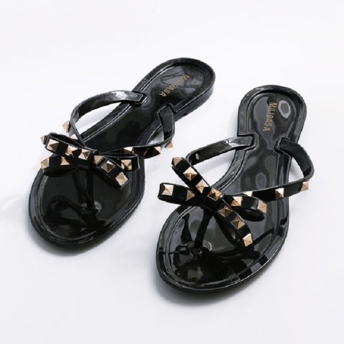 Women Flip-flops Rhinestones Bow Slip-on Flat Sandals, Size:36(Black)