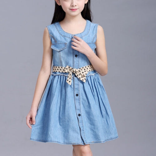 Summer Girl Sleeveless Denim Skirt Dress, Size:110cm(Beige Dot Belt)