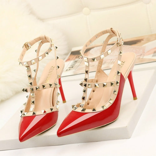 Pointed Stiletto Rivets Shallow Mouth High Heels, Shoes Size:36(Red)