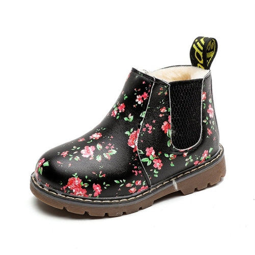 Children Ankle Boots Floral Flower Print Martin Boots, Shoe size:21(Cotton lining Black)