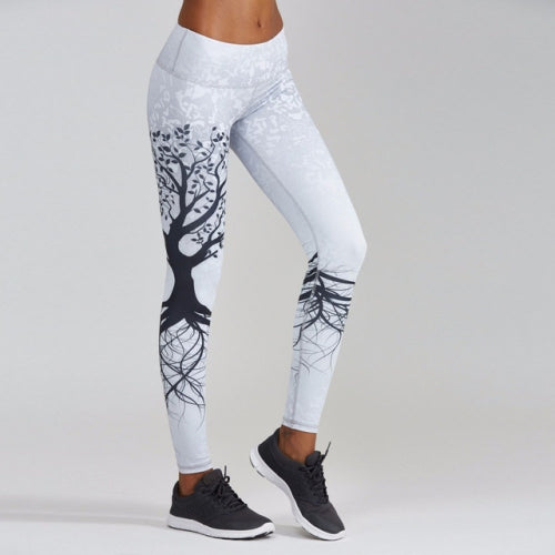 Tree Print High Waist Push Up Leggings Sport Women Elastic Breathable Yoga Pants, Size:S (White)