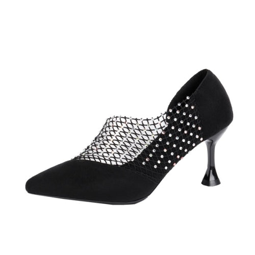 Pointed Mesh Rhinestone Hollowed High Heel Sandals, Shoe Size:37(Black)