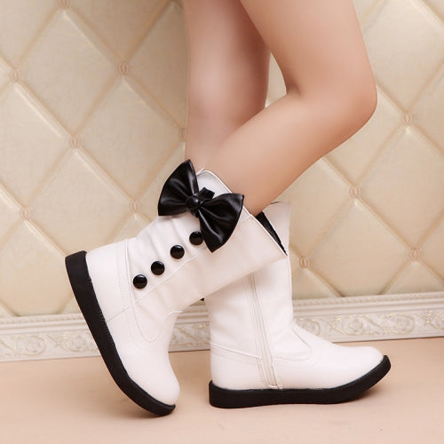 Winter Plus Velvet Tall Girls Warm Bow Flat Long Tube Children Boots, Size:35(White)