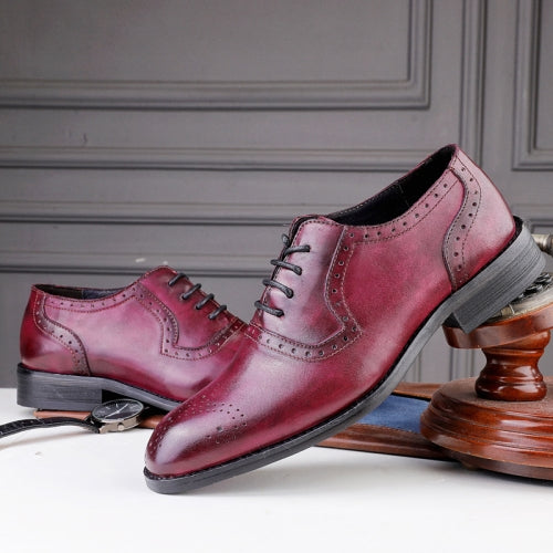 Male Autumn Top-grain Leather Pointed Business Dress Shoes, Size:38(Red)