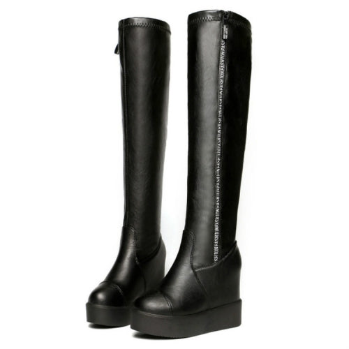 Faux Leather Zipper Style Long Boots High Heel, Size:40(Black Plus Cotton)